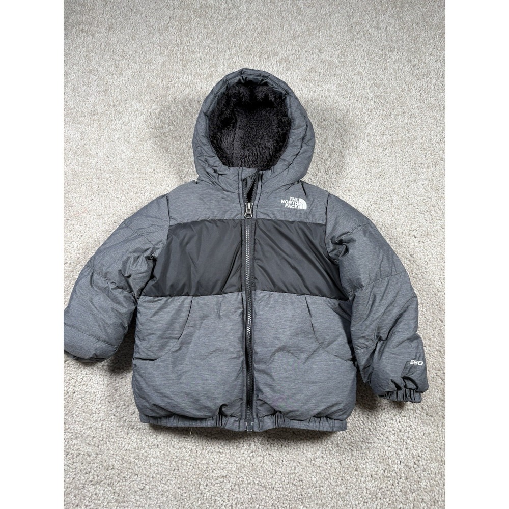 The North Face Moondoggy 550 Down Puffer Coat Toddler Boy Grey Black Sz 4T